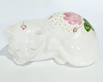 Cat Figurine White Sleeping Cat Pink Rose Ceramic Statue Pink Floral Vintage White Cat Figurine