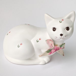 Cat Figurine White Cat Large Ceramic Vintage Statue Pink Floral White Cat Figurine Cat Lover Gift