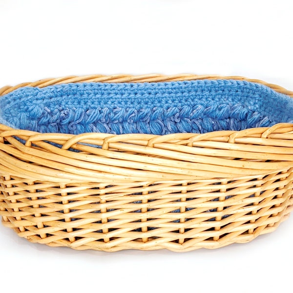 Cat Basket Bed Blue Crochet 19-Inch Oval Wicker Natural Willow Basket Cat Pet Bed Basket Washable Liner Cover