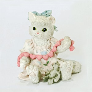 Cat Figurine White Kitten Blue Bow Calico Kittens™ &quot;A Good Friend Warms The Heart&quot; Collectible Cat Figurine ©1992 Enesco Corp Knick Knack