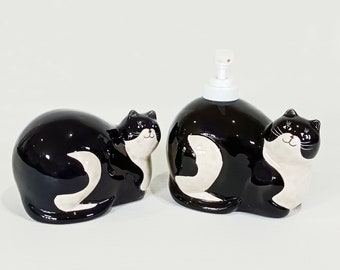 Cat Kitchen Set Tuxedo Cat ©Warren Kimble Black White Fat Cat Soap Pump Dispenser Scrubby Holder Vintage Ceramic Cat Lovers Gift