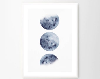 Moon Phase Print Watercolor Prints Celestial Bedroom Wall Decor Wall Art Luna Blue Indigo Lunar Phases Home Decor Moon Printable