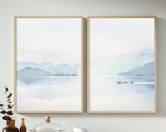 Pastel Lake Watercolor Prints, Mountain Lake Painting, Landscape Wall Art, Printable Wall Art, Scandinavian Print, Living Room Wall Art