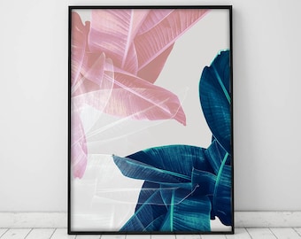 Blush Pink Leaves, Above Bed Wall Art, Wedding Gift, Blue Plant Print, Botanical Poster, Tropical Leaf, Digital Print Download Printable Art