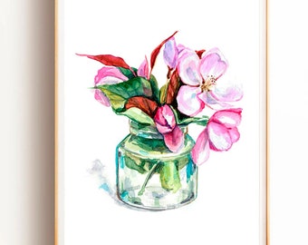 Cherry Blossom Watercolor Art Print: Minimalist Sakura Wall Decor