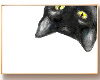 Black Cat Painting, Halloween Art Print - Cats Portrait - Kitten Wall Art Lover Gift - Fall Autumn Wall Decor