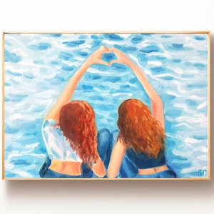 Two Girls Best Friends Original Painting Family Art, Beach People Oil Painting Two Sister Painting, Daughters Beach Girls Sitting by the Sea