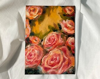Rose Original Oil Painting - Flower Bouquet - Unframed Flowers Vintage Style Decor - Small Still Life