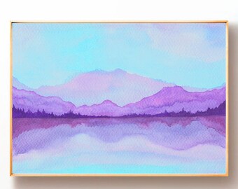 Landscape Mountains Wall Art, Mountain Watercolor Painting, Misty Mountain Print Large Minimalist Wall Art, Abstract Landscape Pastel Colors