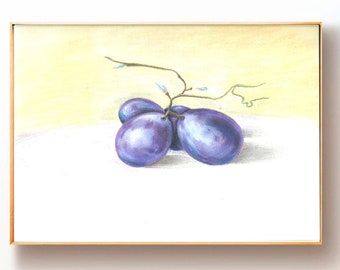 Peinture originale de fruits, raisin, fruit, oeuvre d'art murale, oeuvre d'art originale, nature morte de mauvaise humeur, art de la cuisine, art campagnard français