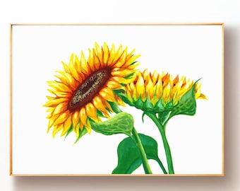 Original Sunflower Gouache Painting - Floral Wall Art - Sunflower Decor Gift for Birthday