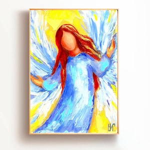 Angel Painting, Angels Bright Print, Guardian Angel Art Welcoming Angel Open Arms, Religious Art Gift, Angel Oil Painting Gift Impressionism