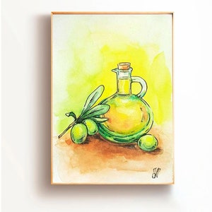 Olive Painting Olives Painting Olives Original Art Oil Bottle Painting Small Artwork Green Olive Watercolor Painting Smal Art Birthday gifts