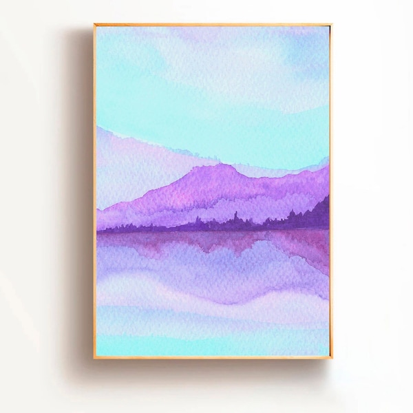 Impression de peinture de paysage de lac, peinture de paysage de montagne, estampes aquarelles, art mural montagne, paysage de lac montagne brumeuse art nordique