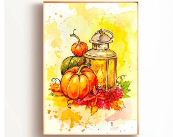 Pumpkin Painting Original Watercolor Painting Poinsettia Flower Painting Сandle Watercolor Art Orange Pumpkins Lantern Light Candle Wall Art