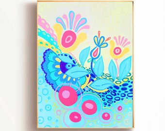 Abstract Original Painting: Neon Floral Wall Art - Colorful Tropical Flowers Art - Kids Room Decor