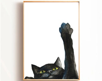 黒猫プリント、アートプリントかわいい子猫ウォールアート、黒猫の絵画、猫好きへのギフト、黒猫の肖像画、黒猫の水彩画