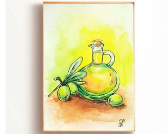 Olive Painting Olives Painting Olives Original Art Oil Bottle Painting Small Artwork Green Olive Watercolor Painting Smal Art Birthday gifts