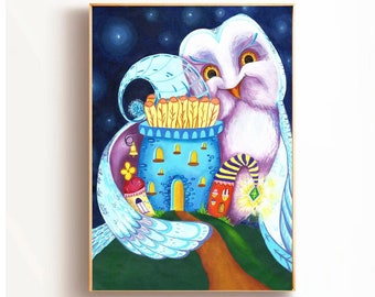 Owl Painting Fairy Tale Houses Art Print - Bird Owl Artwork - Kids Wall Decor - Fantasy Fairy Birds Premium Matte Poster