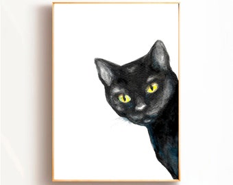 Sneaky Black Cat Print: Watercolor Kitten Portrait, Halloween Cat Painting - Kitty Lover Gift