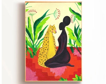 African Woman and Leopard Art Print: Ethnic Female Portrait - Modern Large Art