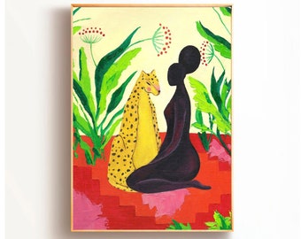 African Woman Painting, Woman Art Print Leopard Painting, American Woman Oil Painting, Black Women Face Ethnic Wall Art, Female Home Decor