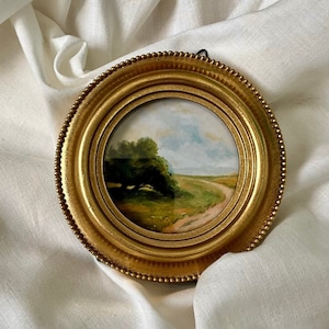 Small Landscape Oil Painting, Framed Vintage Style Art Print, Gold Frame Tiny Landscape & scenery Art Moody Fields Clouds, Countryside Farm
