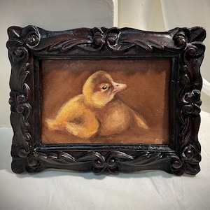 Baby Duckling Painting Original Oil On Linen Canvas in Vintage Wood Frameooak Oil Art NOT a Print VINTAGE FRAME