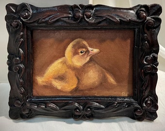 Baby Duckling Oil Painting: Original Linen Canvas in Vintage Wood Frame