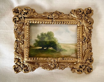 Petite peinture à l'huile de paysage dans un cadre doré, impression d'art de paysage encadrée, décoration de maison de campagne, peinture à l'huile de mini ferme, petit art de paysage