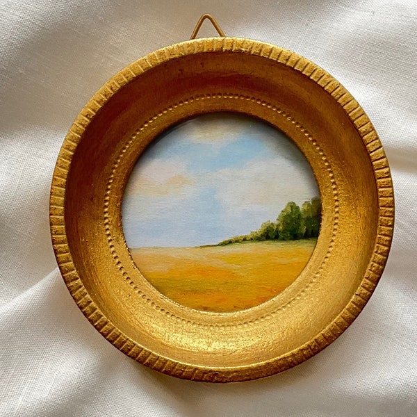 Small Landscape Framed Oil Painting, Round Vintage Golden Wood Frame, Art Print Moody Fields Clouds Painting, Countryside Farm Kitchen Wall