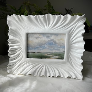 Landscape Painting, Framed Original Art, Vintage Style Painting Landscape Wall Art Moody Fields Clouds Painting, Small Old South Landscape