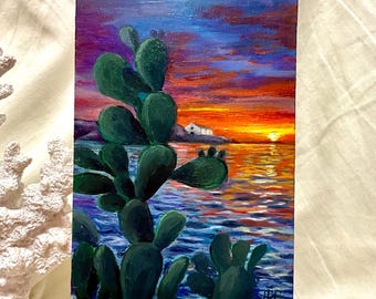 Sardinia Seascape Oil Painting: Coastal Cottage Sardegna Beach Art, Italy Сhurch by the Sea - Blue Waves