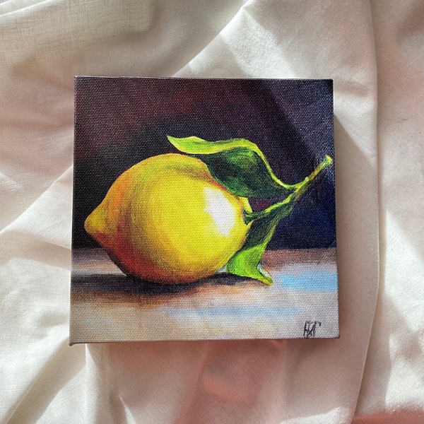 Lemon Oil Painting Lemon Canvas Print, Small Art Print Still Life Lemon Wall Art, Lemons Fruit Painting Tiny Canvas Mini Canvas 5x5" or 6x6"