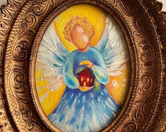 Angelo pittura casa angelo custode pittura a olio, angeli arte impasto pittura originale, piccolo angelo opera d'arte ali d'angelo stile di pittura vintage