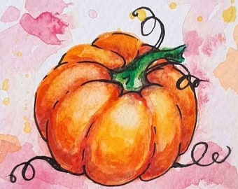 Original Pumpkin ACEO Watercolor Painting: Fall Thanksgiving Decor, 4x3"