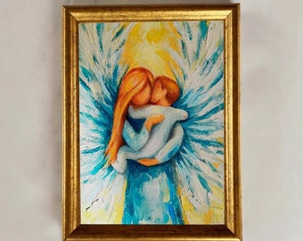 Peinture ange anges câlins peinture originale maman bébé peinture bébé ange enfant anges câlins peinture originale empâtement peinture à l'huile originale