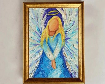 Angel Art Original Oil Painting, Angel Painting, Guardian Angel Wall Art Impasto Painting, Angel of Love, Peaceful Angel Religion Gift