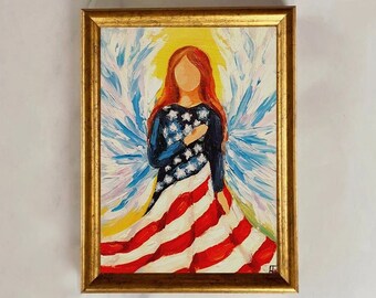 Angel Painting, Angel Art, American Guardian Angels Original Painting, USA Patriotic American Angel, American Flag Patriotic Home Decor Gift