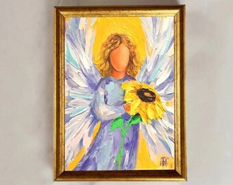 Angel With Sunflower Art Print: Religious Oil Painting Guardian Angel