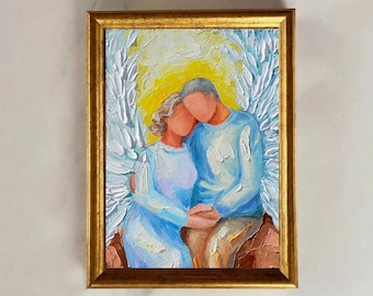 Lovers Oil Painting: Romantic Couple, Angels Hugs, Impasto Art