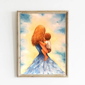 Pintura al óleo original de madre e hijo, madre con su hijo, abrazos de madre e hijo, madre rubia, regalo del Día de la Madre, regalo para mamá, arte mural infantil de madre e hijo.