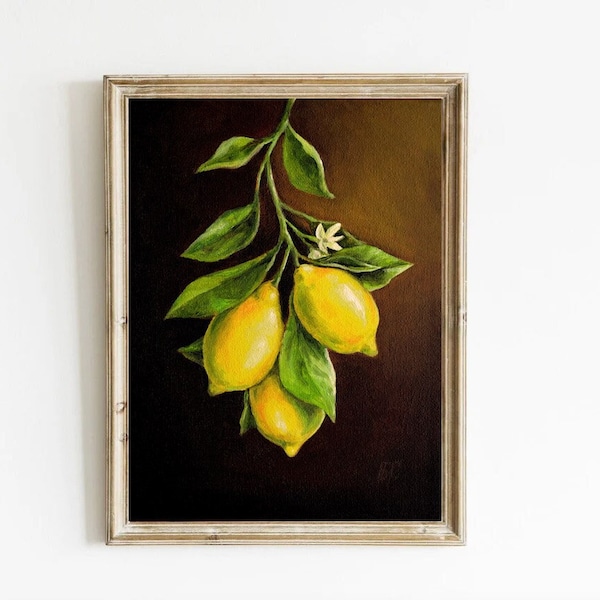 Lemon Oil Painting, Lemon Art Print Unframed Lemons Oil Print Branch with Lemon and Flower, Lemons Fruit, French Kitchen Art, Restaurant Art