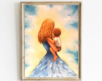 Mother and Son Original Oil Painting, Mom Carrying Son, Mother Son Hugs, Blonde Mom, Mother's Day Gift, Mom Gift, Mother Son Kids Wall Art