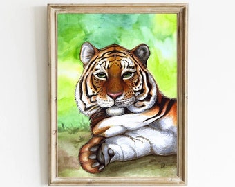 猫 ネコ ねこ cat 虎 トラ 寅 タイガー、絵画 油彩画 動物画、希少画集画 カスピアンタイガーの水彩画プリント - 壁アート、トラ、大型