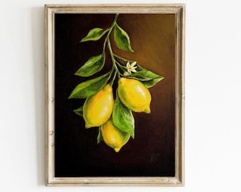 Lemon Branch Oil Painting Print: French Kitchen Still Life Art
