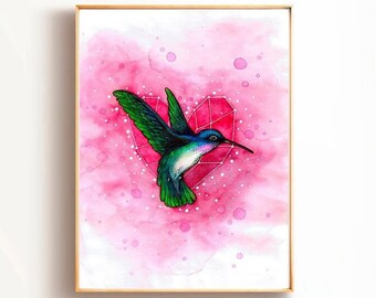Hummingbird Painting, Heart Painting, Cute Bird Wall Art Ruby Watercolor Bird Painting, Colibri Wall Art Birthday Gift, Small Bird Artwork