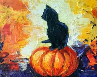 Cat Painting, Black Cat Painting, Original Oil Painting Black Cat on Pumpkin, Original Oil Painting Impasto Black Kitten Birthday Gift