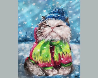 Cat Original Oil Painting : Kitty on Canvas, Whimsical Winter Art, Impasto Wall Decor