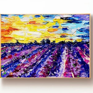 Lavender Painting Landscape Small Original Oil Painting, Tuscany Fields Miniature Art Sunset Landscape Impasto Painting, Farm Rural Wall Art